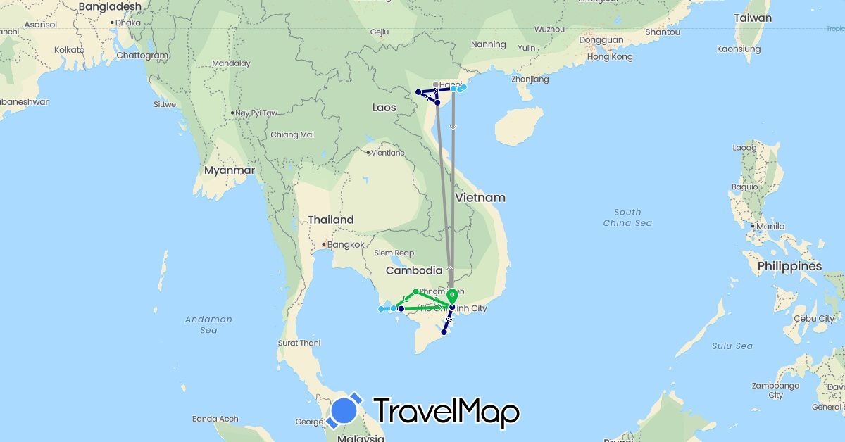 TravelMap itinerary: driving, bus, plane, boat in Cambodia, Vietnam (Asia)